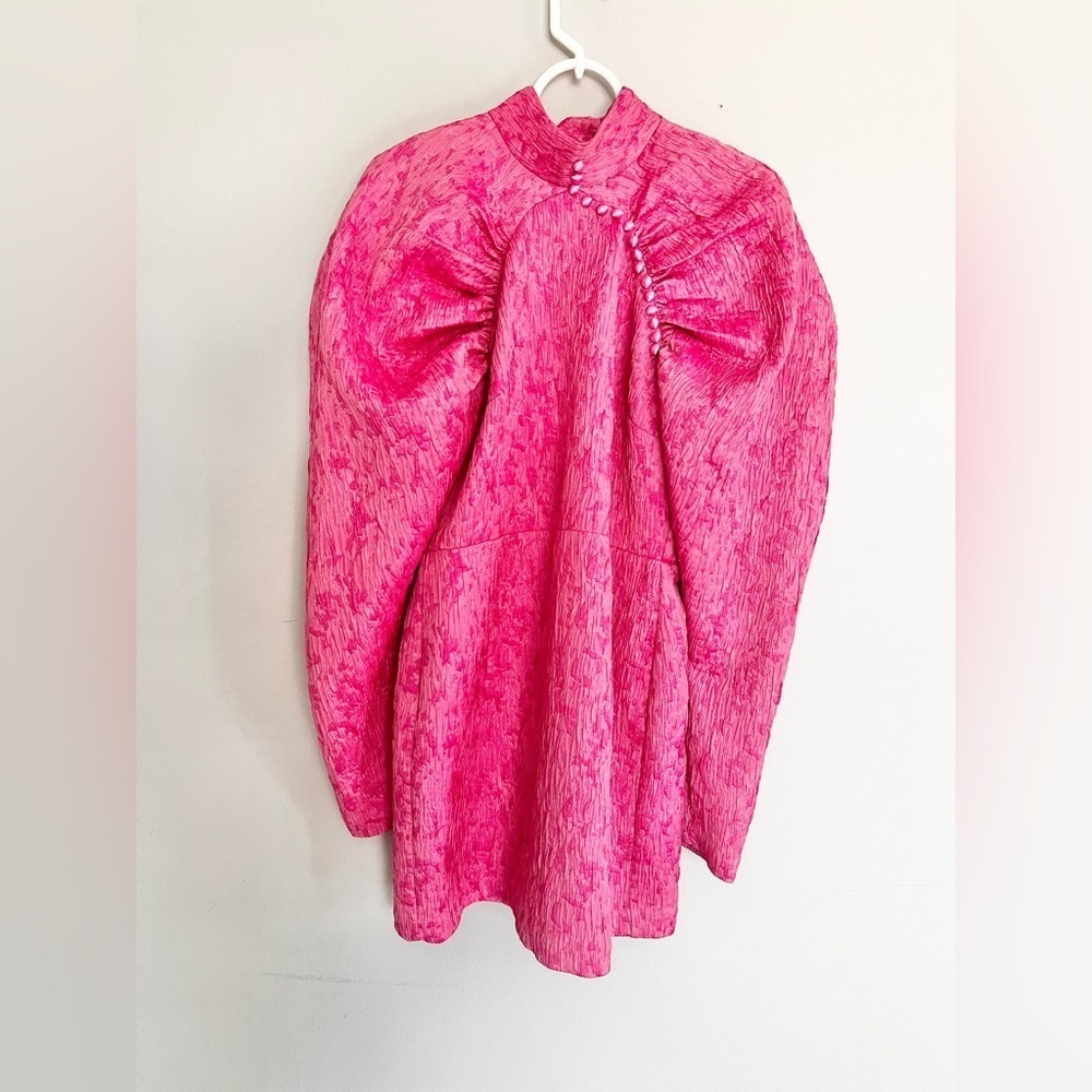 Rotate Birger Christensen Jacquard Mini Puff Sleeve Pink Dress Sz 38/ Medium - Picture 8 of 12